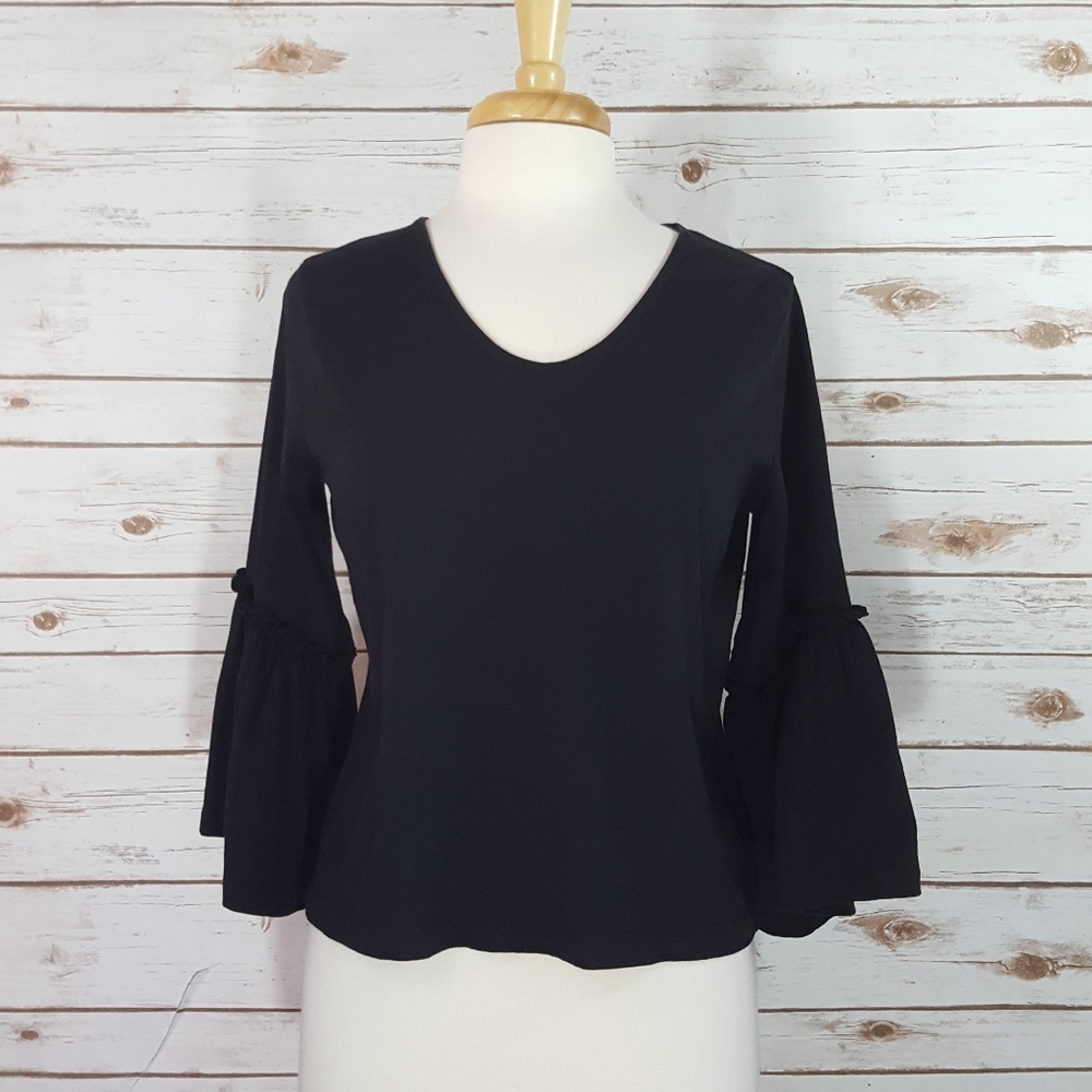Madewell | Black Ruffle 3/4 Bell Sleeve Cotton Top
